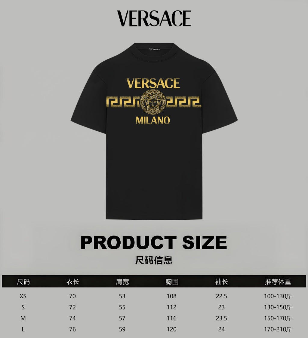 Black Versace T-shirt with gold chest logo; product size chart below