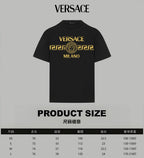 Black Versace T-shirt with gold chest logo; product size chart below