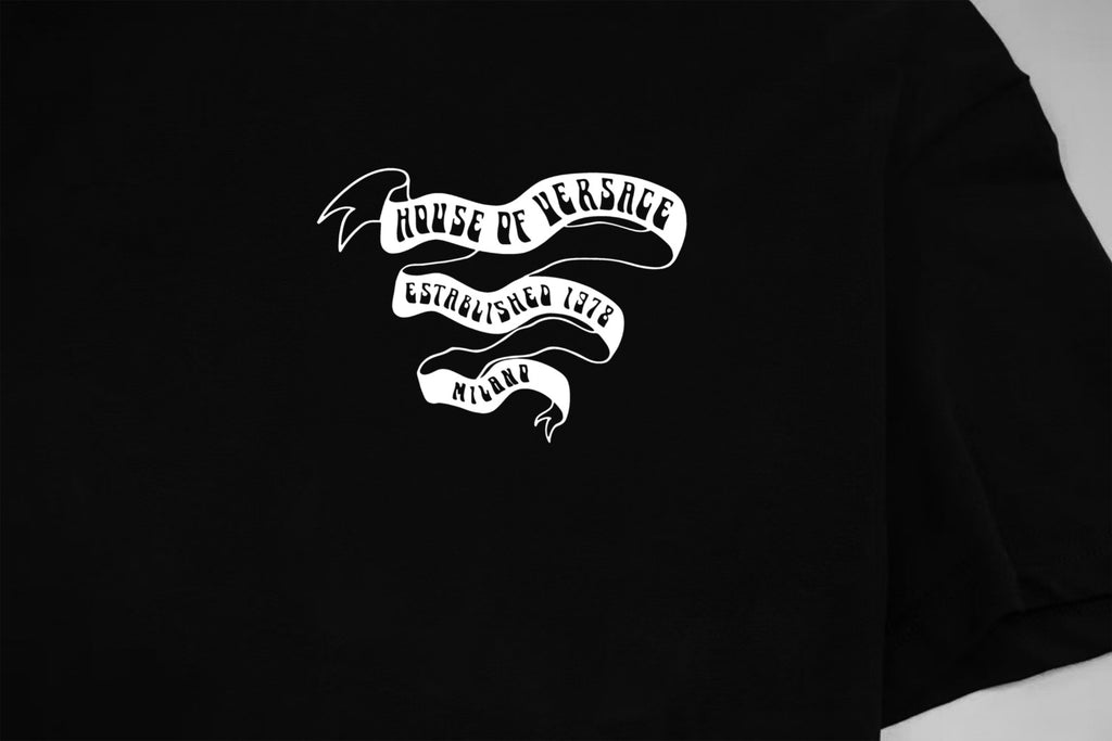 Black Versace T-shirt back logo print close-up