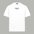 White crew-neck T-shirt with VERSACE Milano logo at chest