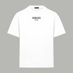White crew-neck T-shirt with VERSACE Milano logo at chest