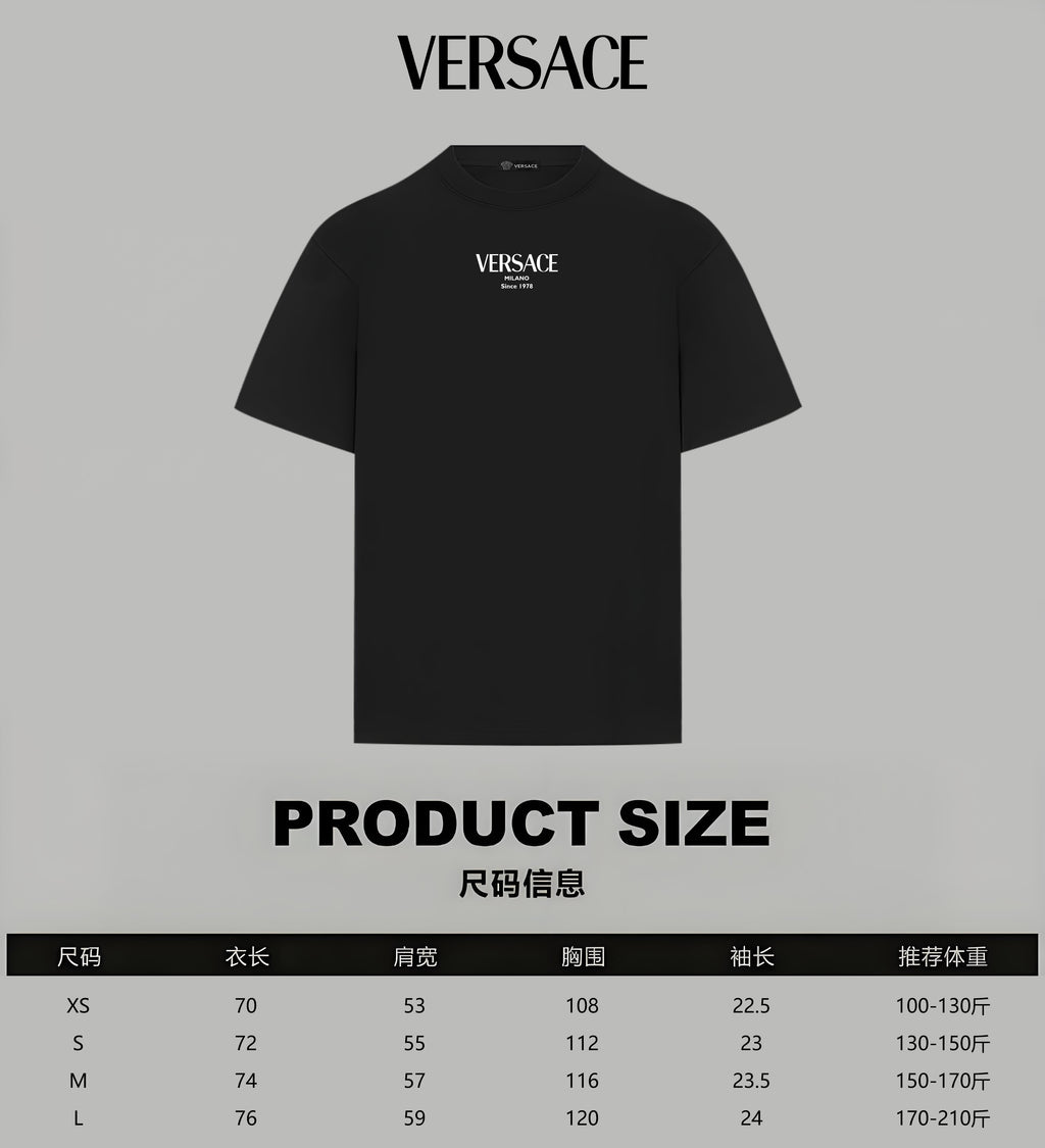 Black Versace crew-neck T-shirt with product size chart overlay