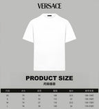 White crew-neck T-shirt with product size chart overlay