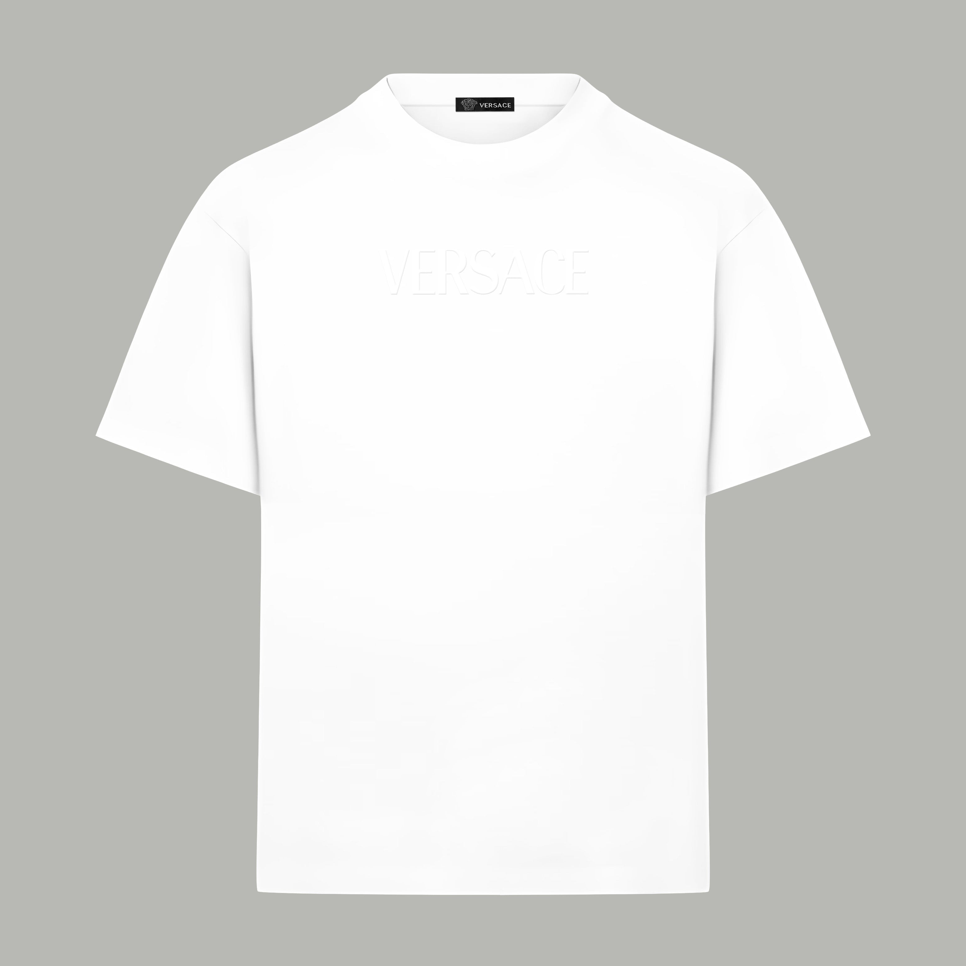 White crew-neck short-sleeve T-shirt with subtle VERSACE logo print