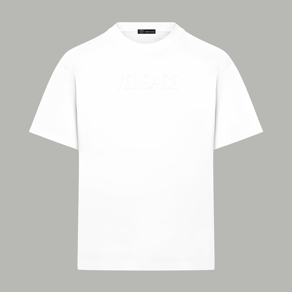White crew-neck T-shirt with VERSACE logo print on chest