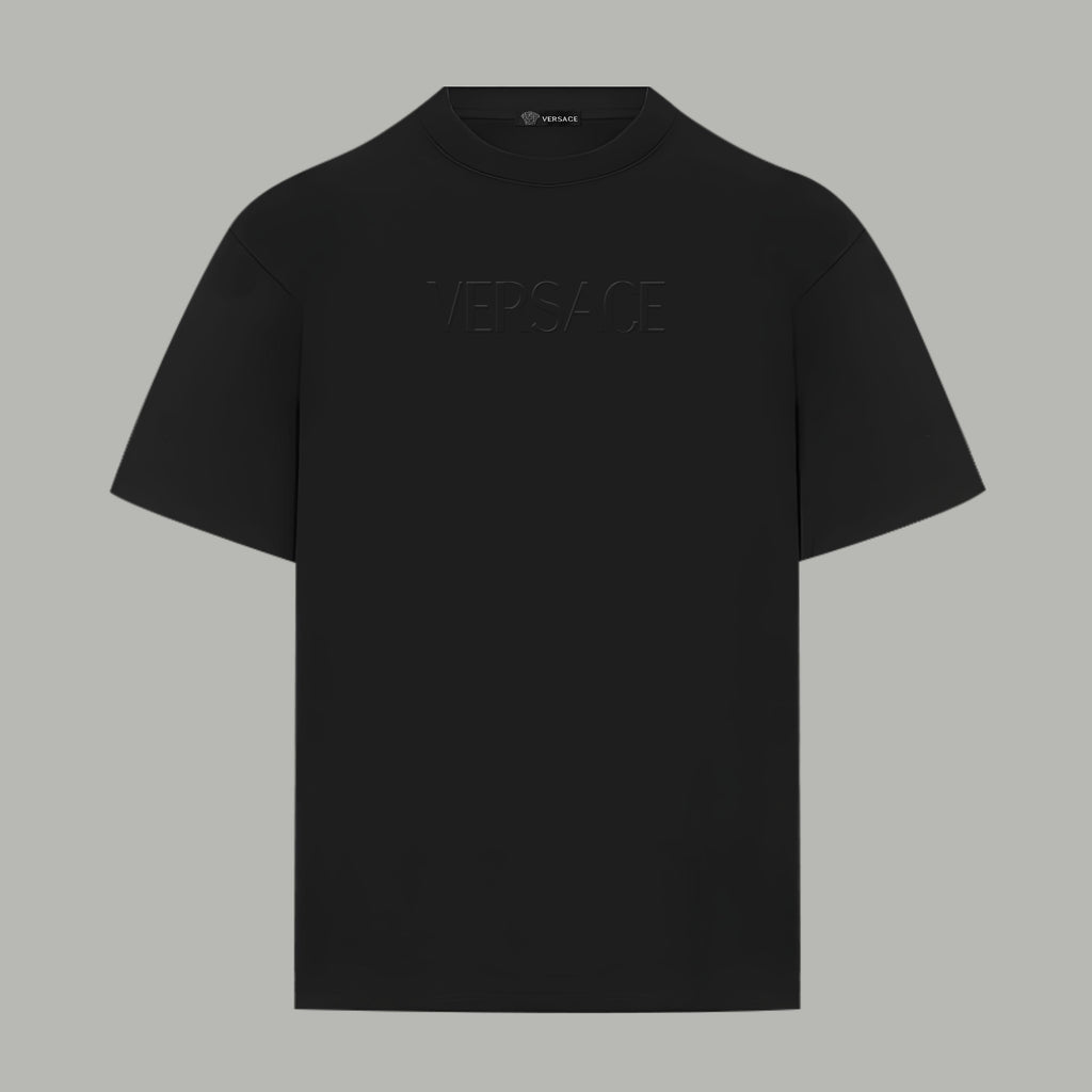 Black crew-neck T-shirt with tonal VERSACE logo print on the front
