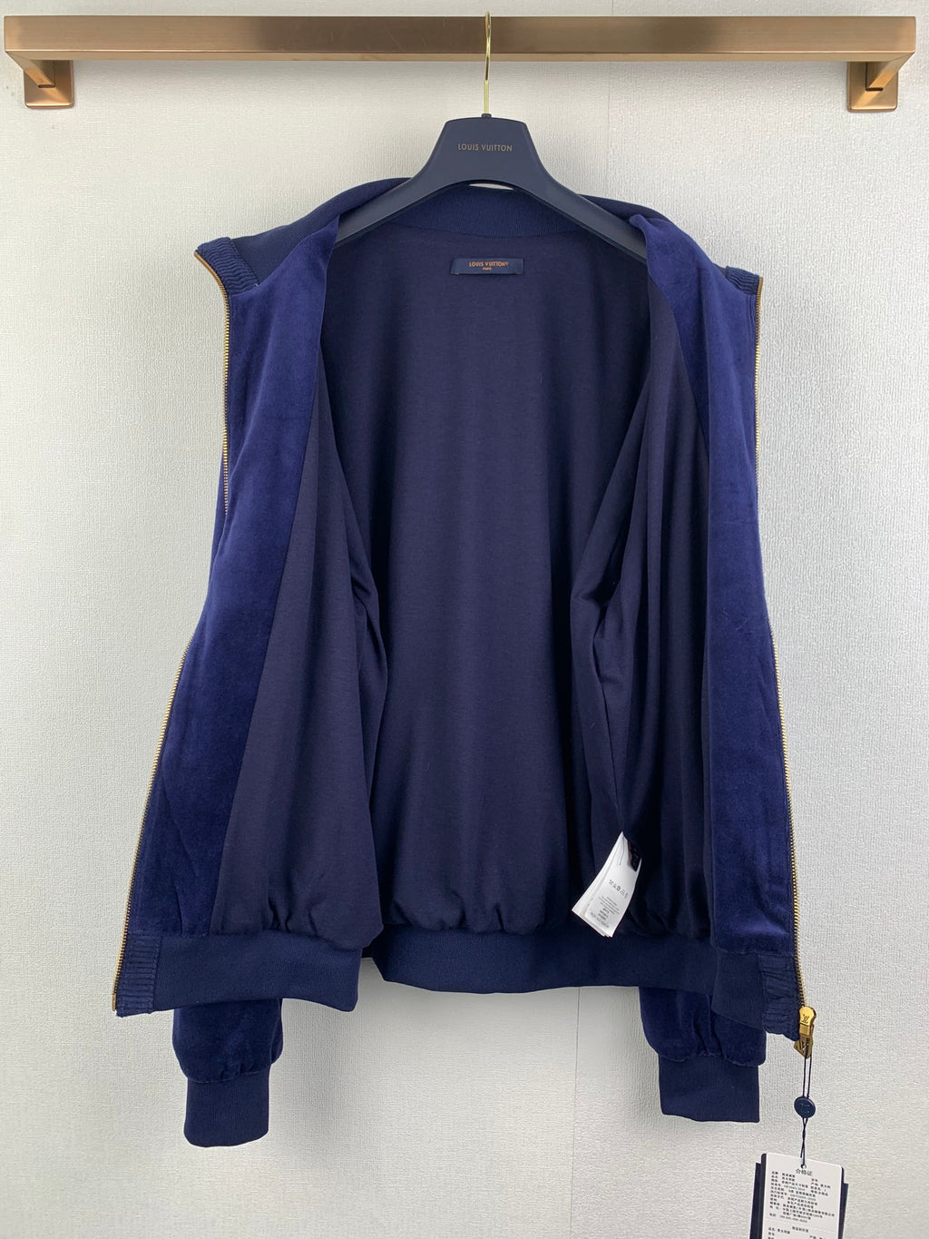 Louis Vuitton long clothes dark blue hoodie with hood open and interior back view