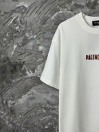 White short-sleeve T-shirt with partial red logo on right chest