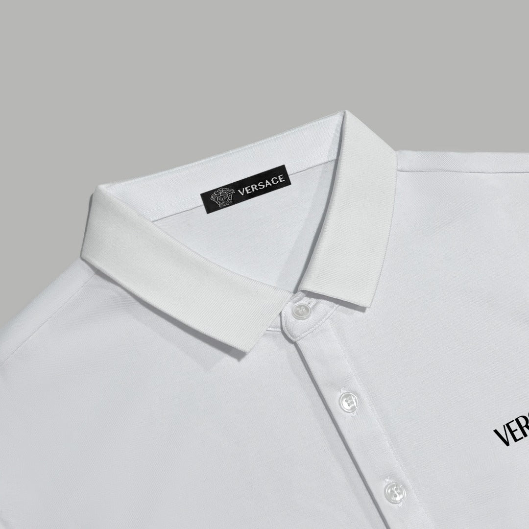 White Versace polo shirt collar with button front and logo tab