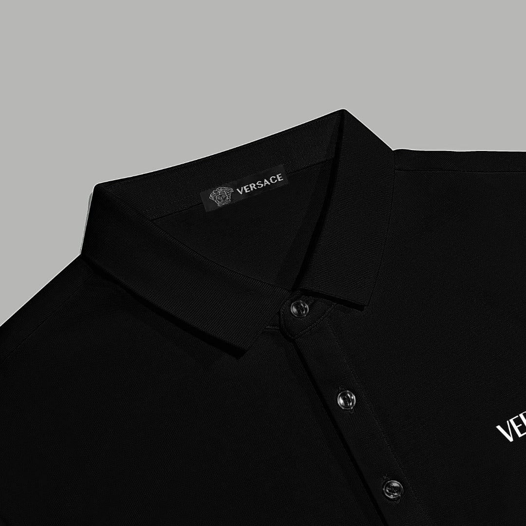Black Versace polo collar with button placket and VERSACE chest embroidery