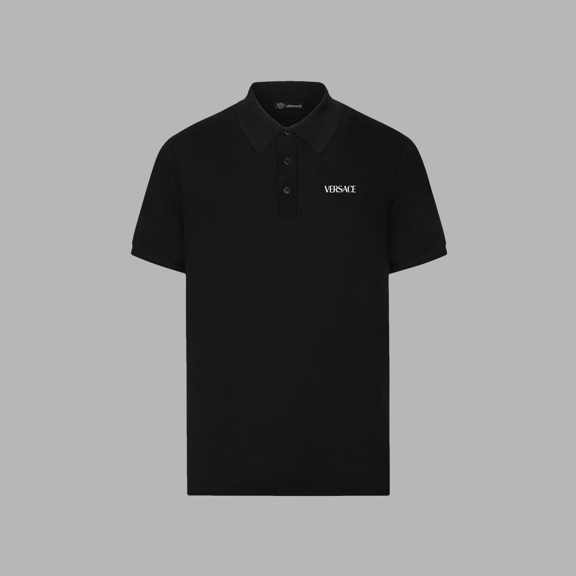 Black Versace polo shirt with button placket and small chest logo
