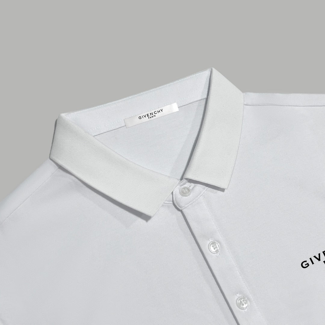 White Givenchy polo shirt close-up of collar and button placket