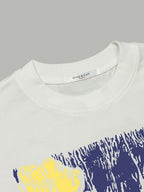 White crew-neck T-shirt collar with navy and yellow print partial graphic