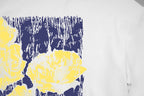 White crew-neck T-shirt with navy block and yellow floral abstract print