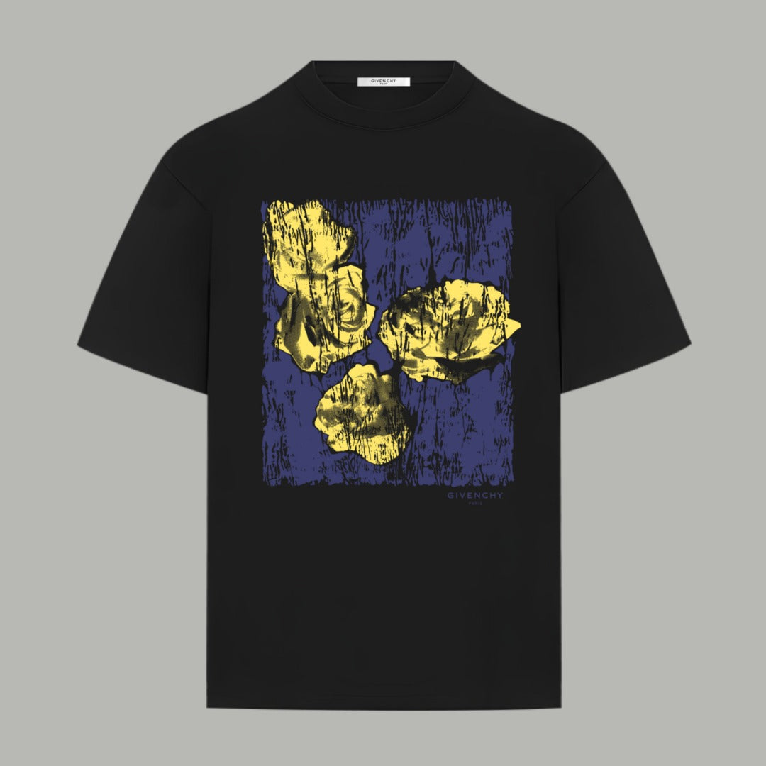 Black crewneck T-shirt with yellow and blue face graphic print