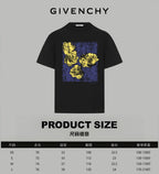 Black crewneck T-shirt with square face graphic; product size chart shown