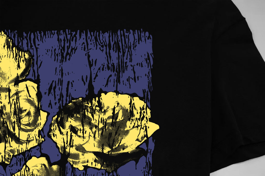 Black T-shirt with yellow and blue face graphic screenprint