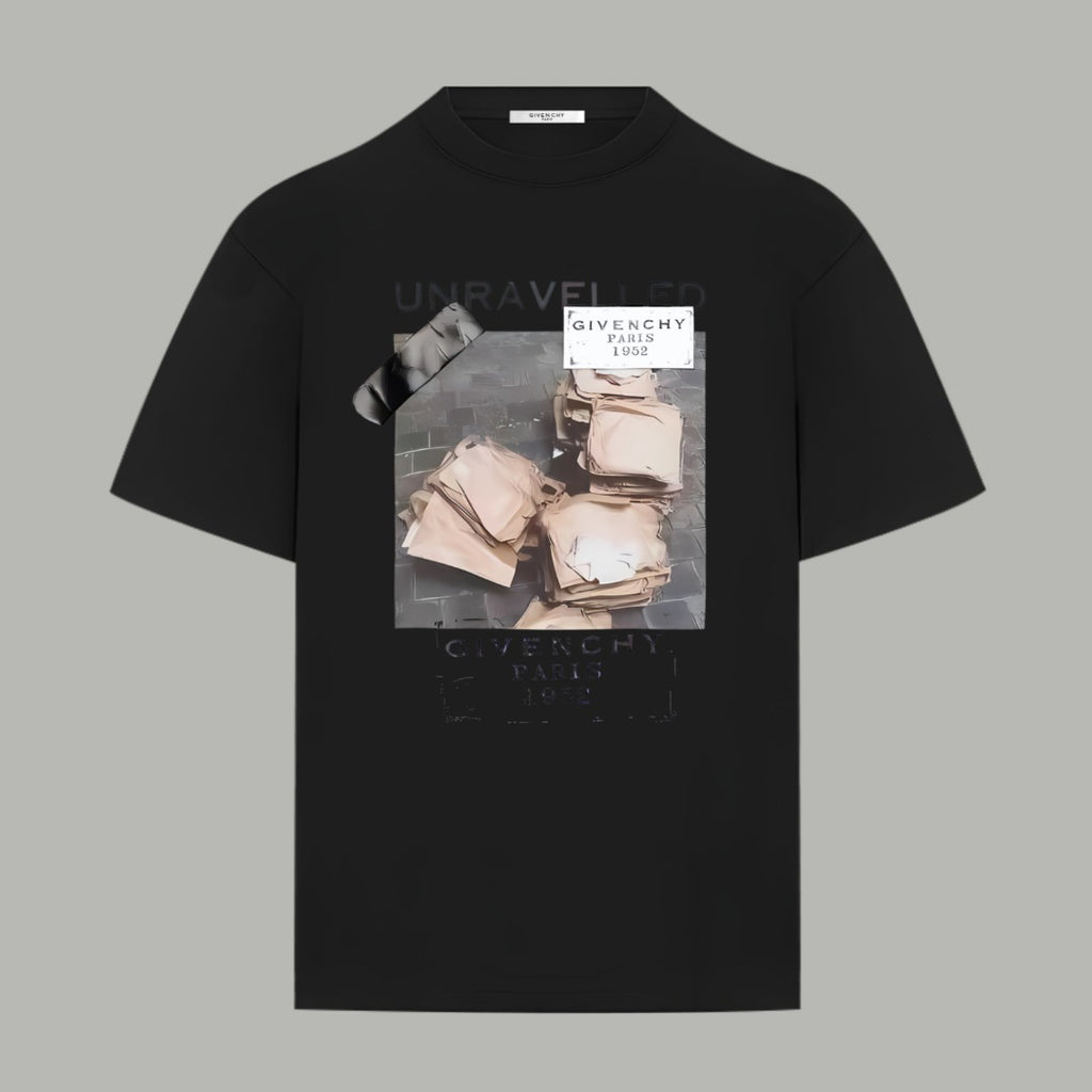 Black graphic T-shirt with square photo print on the chest