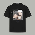 Black graphic T-shirt with square photo print on the chest