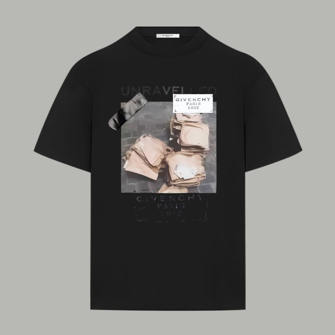 Black graphic T-shirt with square photo print on the chest