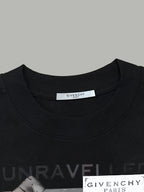 Black crewneck T-shirt close-up of collar and chest print