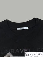 Black Givenchy T-shirt close-up of crew neck label and UNRAVELLED print