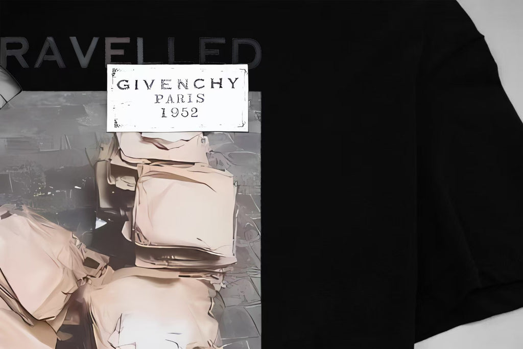Black Givenchy T-shirt front graphic print close-up with Paris 1952 label