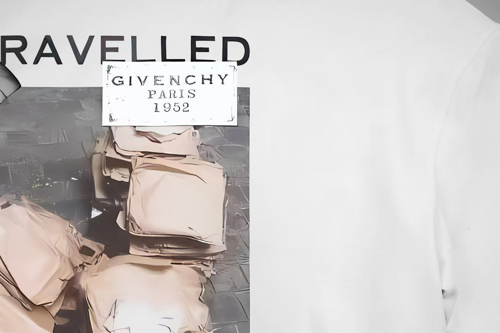 White T-shirt front graphic collage with GIVENCHY PARIS 1952 label