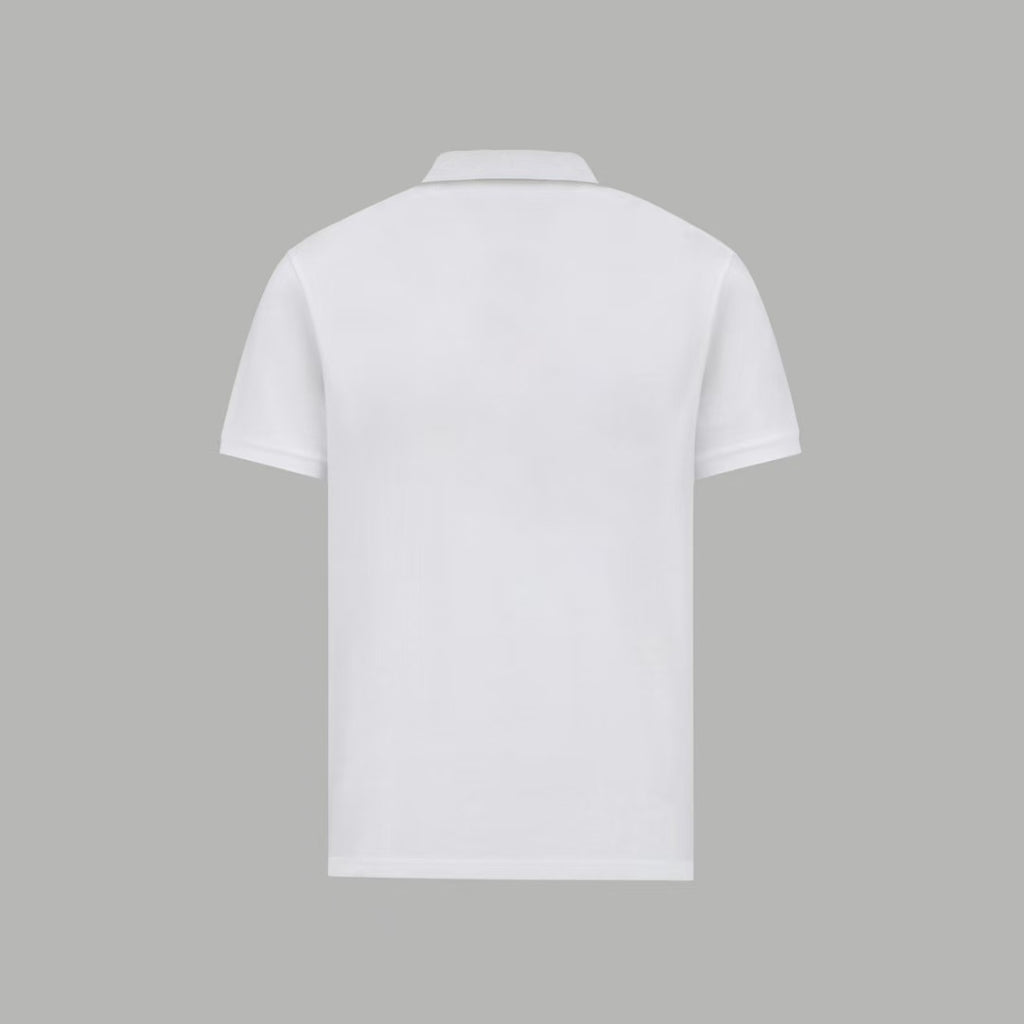 Back view of white polo shirt with collar and short sleeves