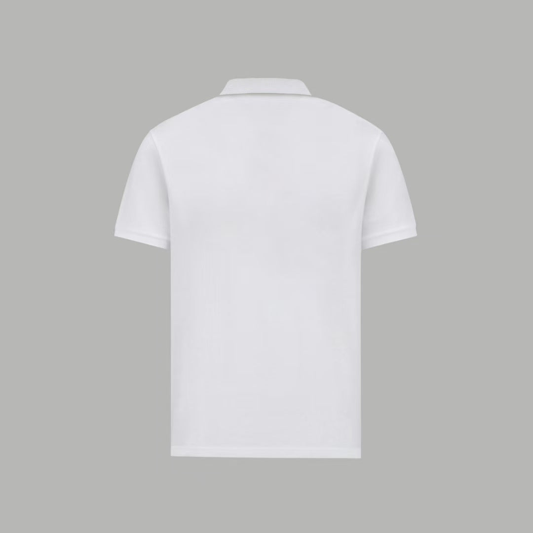 Back view of white polo shirt with collar and short sleeves