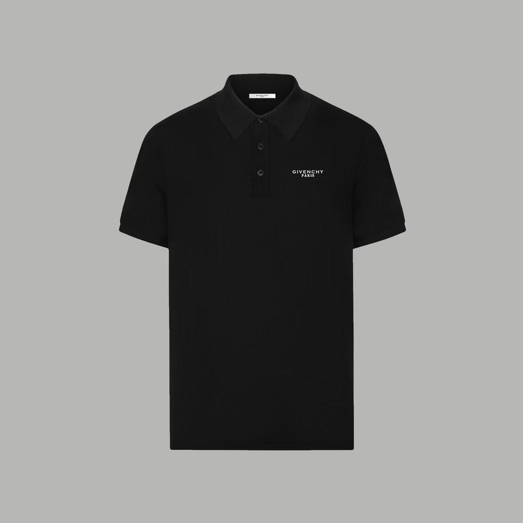 Black polo shirt with collar and button placket, front view