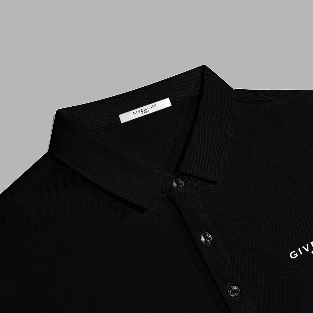 Black polo shirt collar and button placket, logo accent