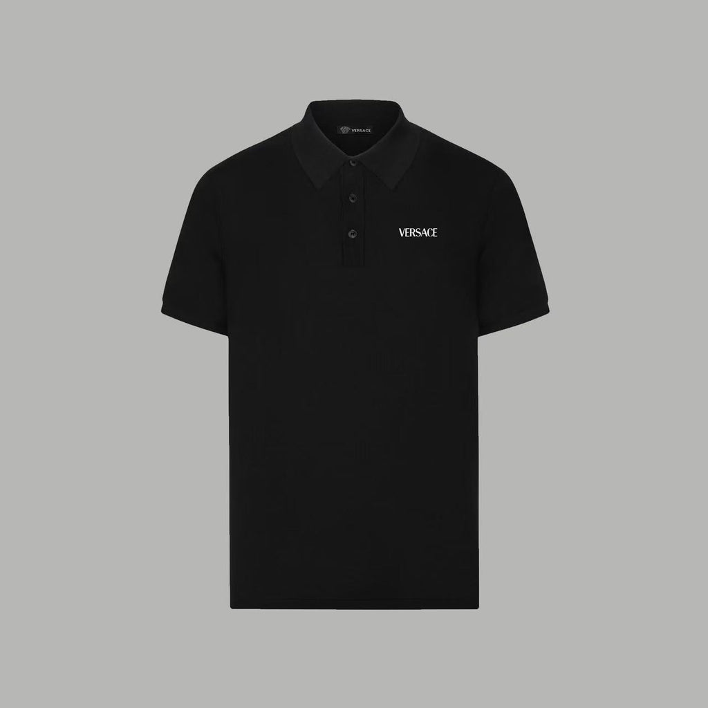 Black Versace polo shirt with button placket and chest logo
