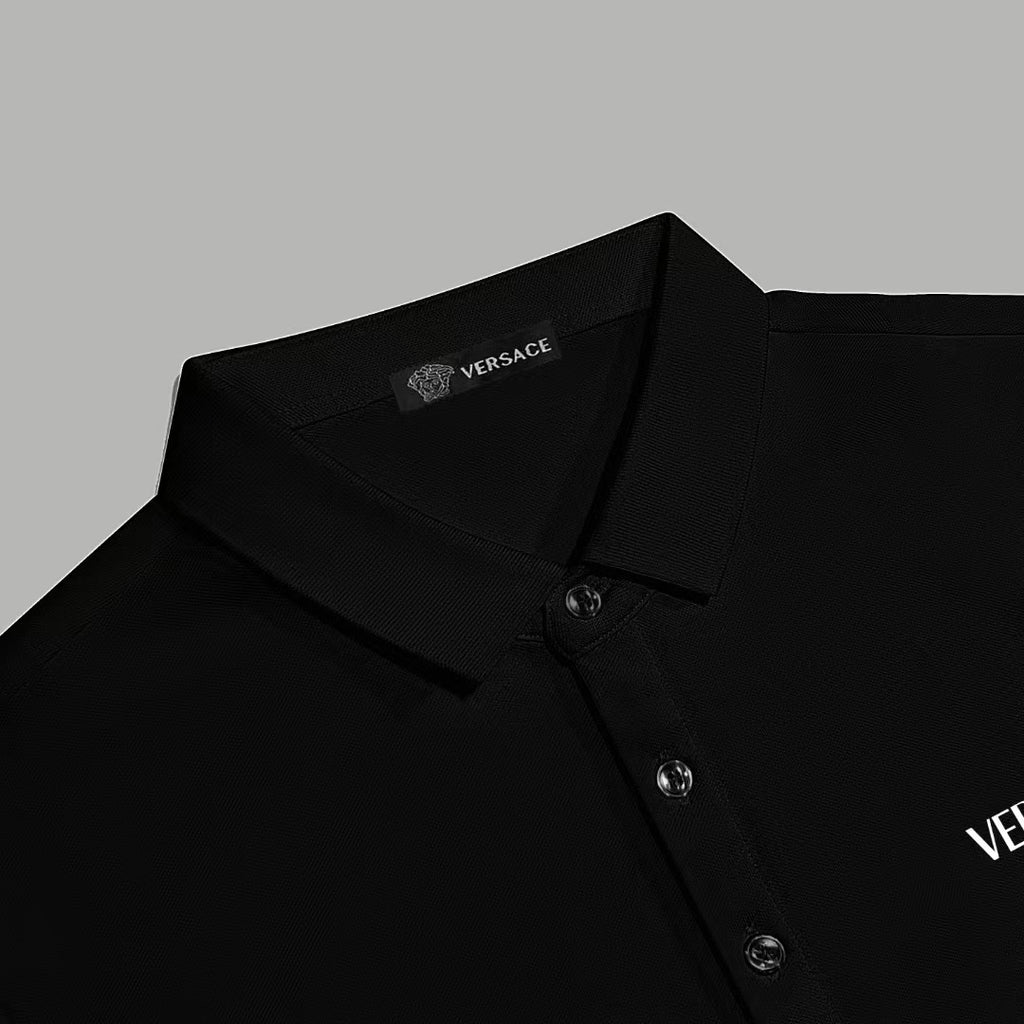 Black Versace polo shirt collar with buttons and logo