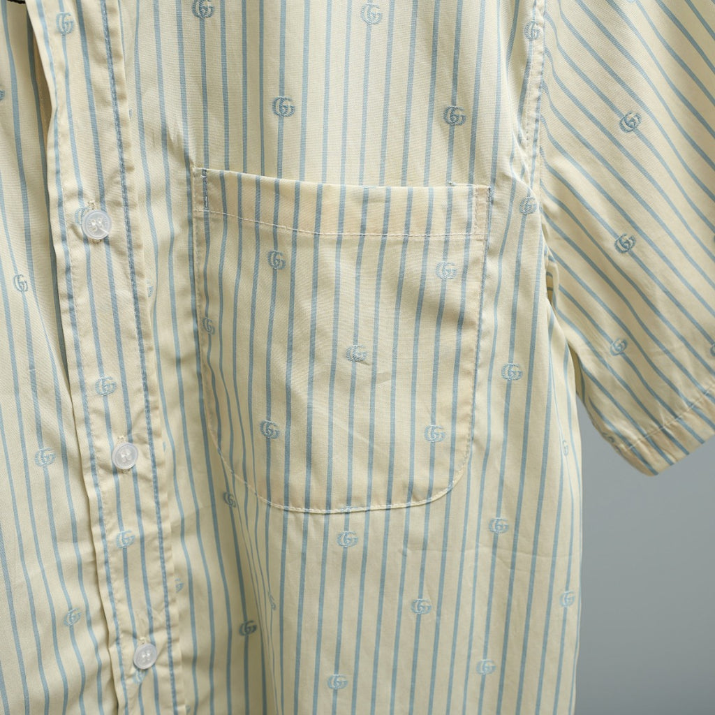 Light blue striped shirt front with button placket and chest pocket