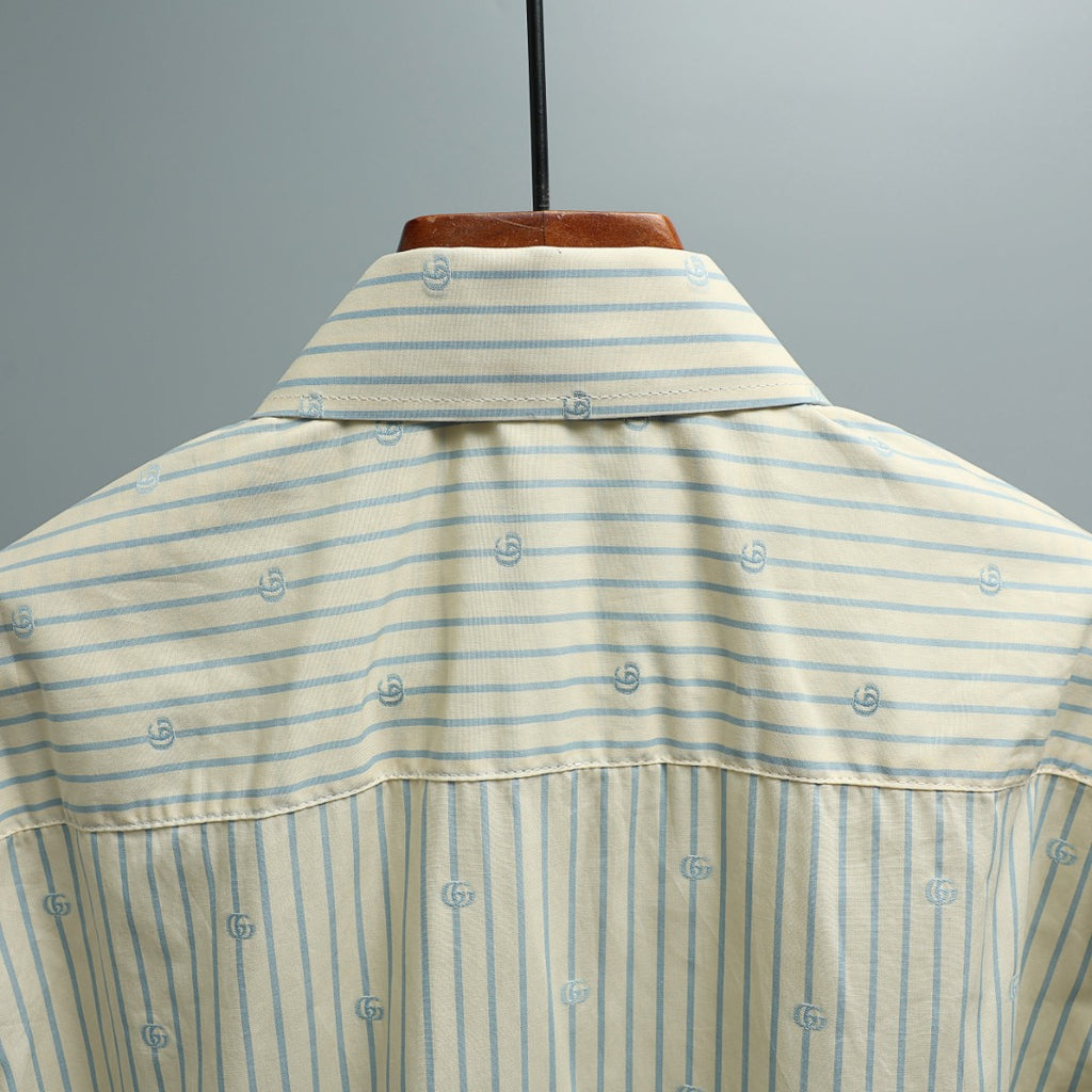 Gucci striped shirt with light blue logo print and buttoned back