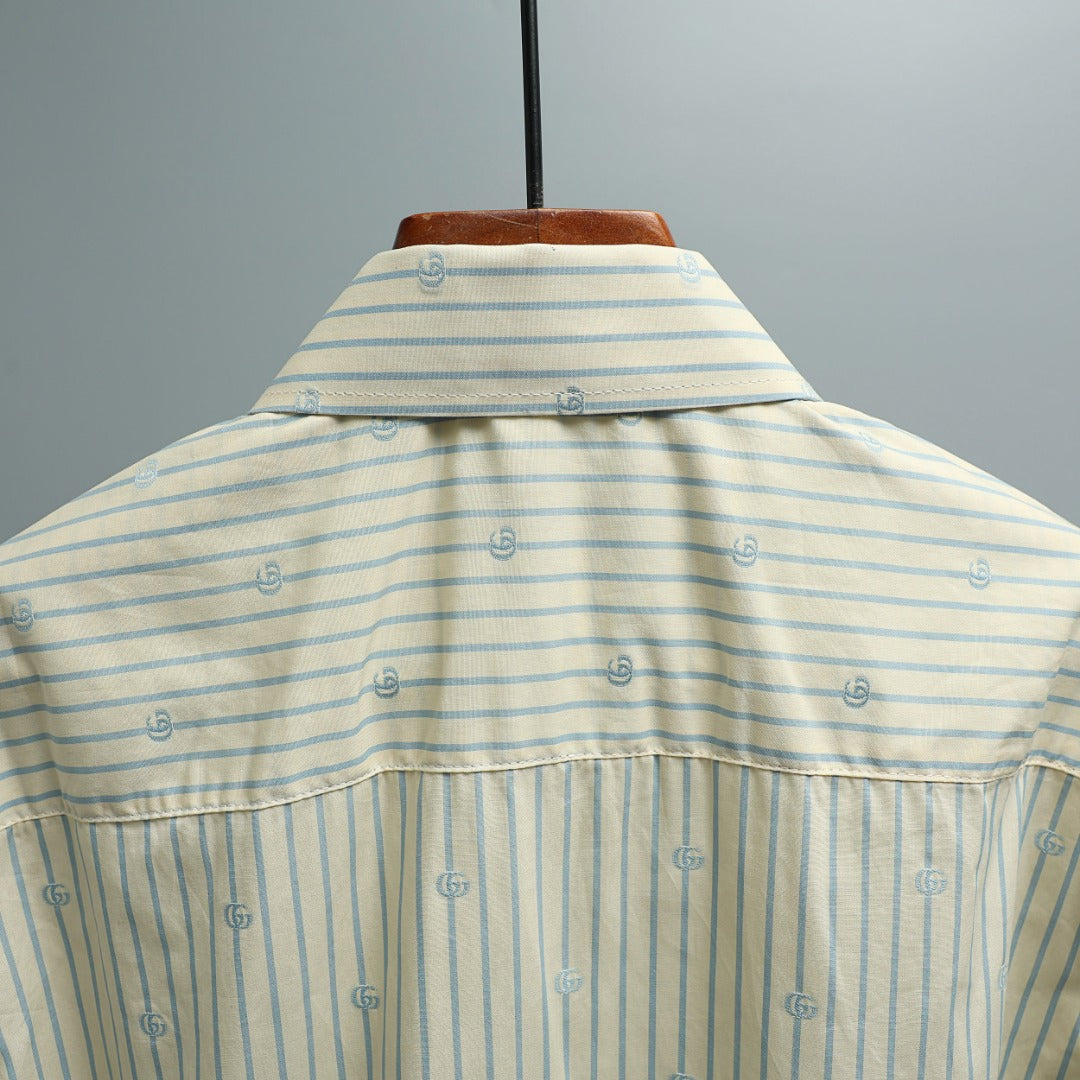 Gucci striped shirt with light blue logo print and buttoned back