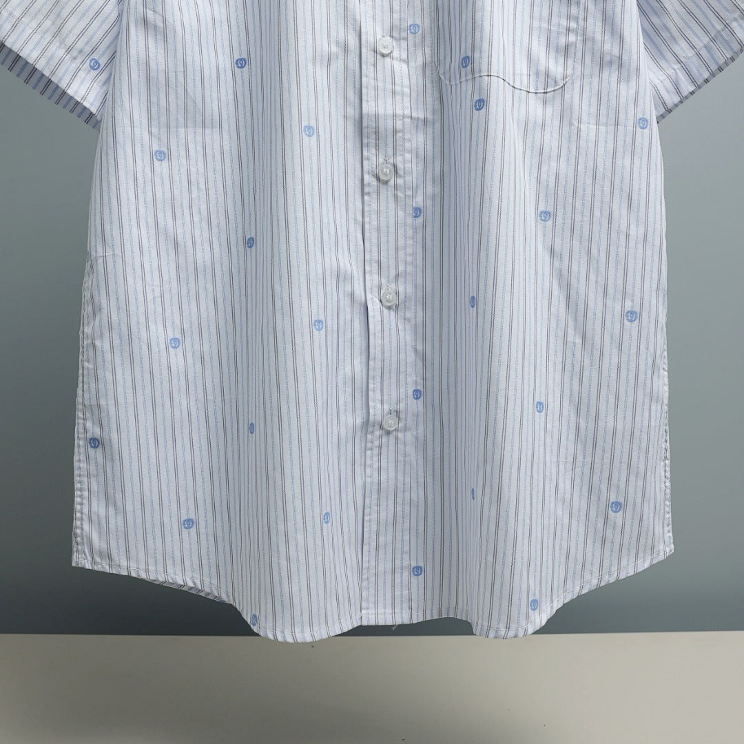 Short-sleeve striped button-up shirt front with central button placket
