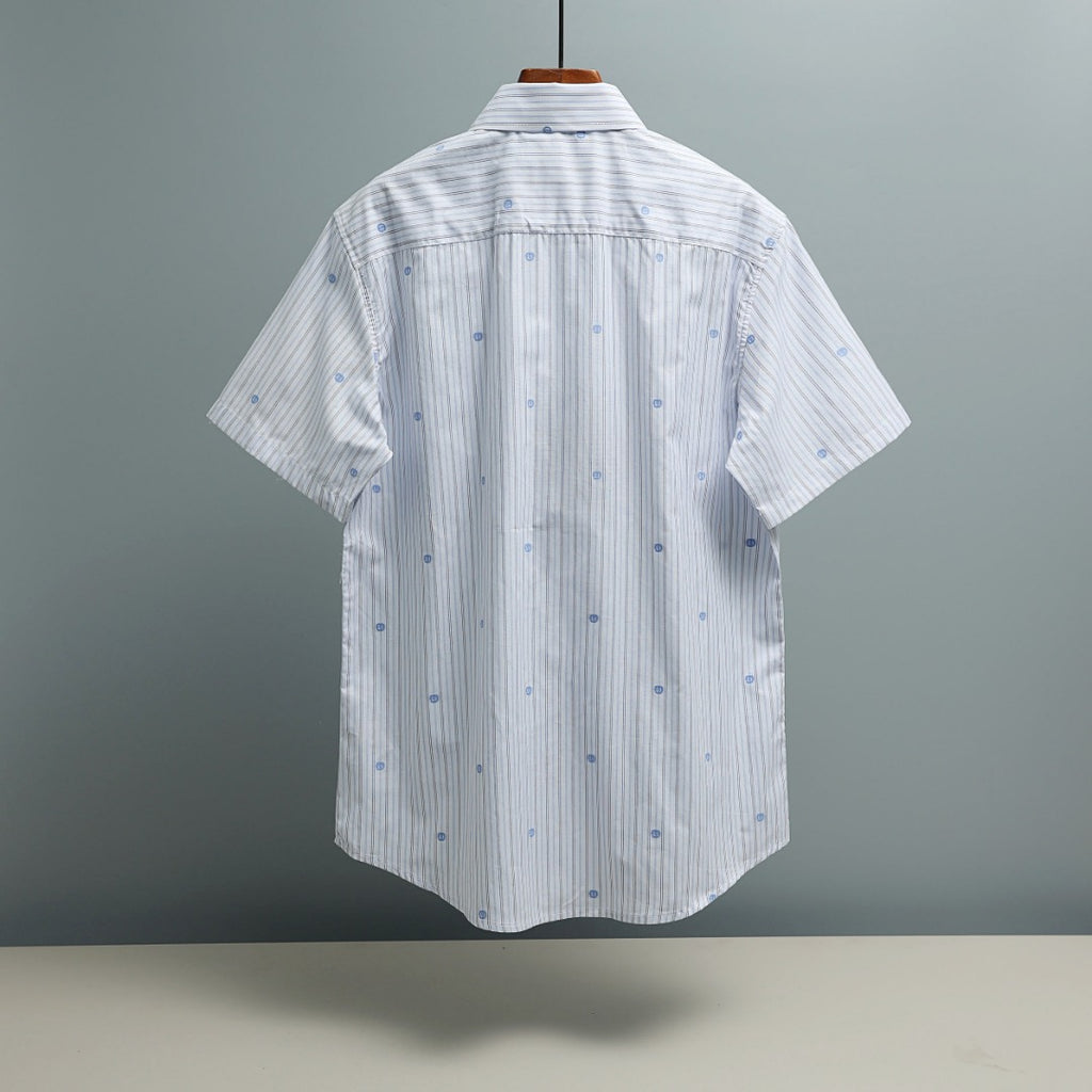 Short-sleeve striped shirt back view with blue pinstripes
