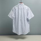 Short-sleeve striped shirt back view with blue pinstripes