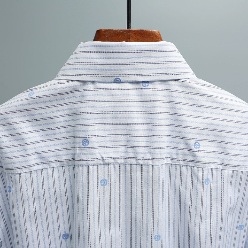 Gucci striped shirt with blue buttons and pleated back yoke