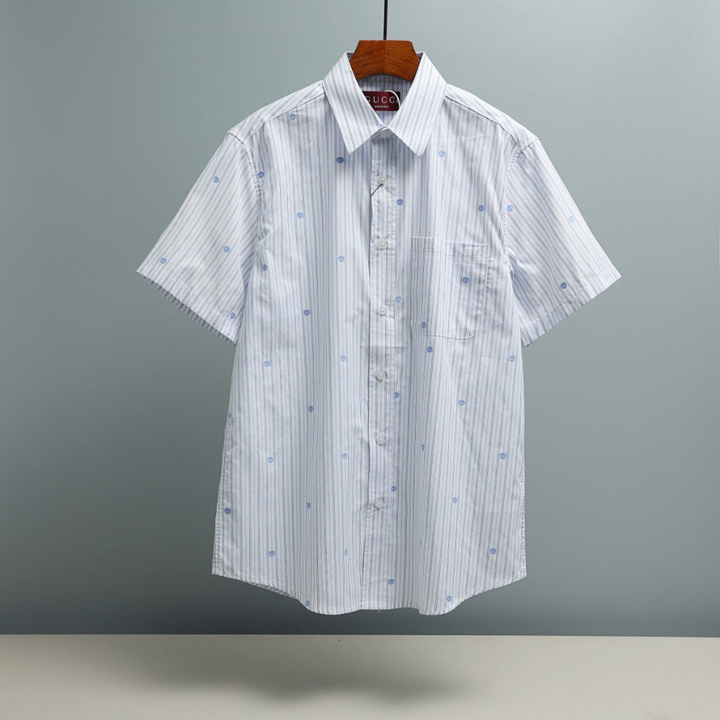 Gucci short-sleeve button-up shirt, white with blue pinstripes and dot accents