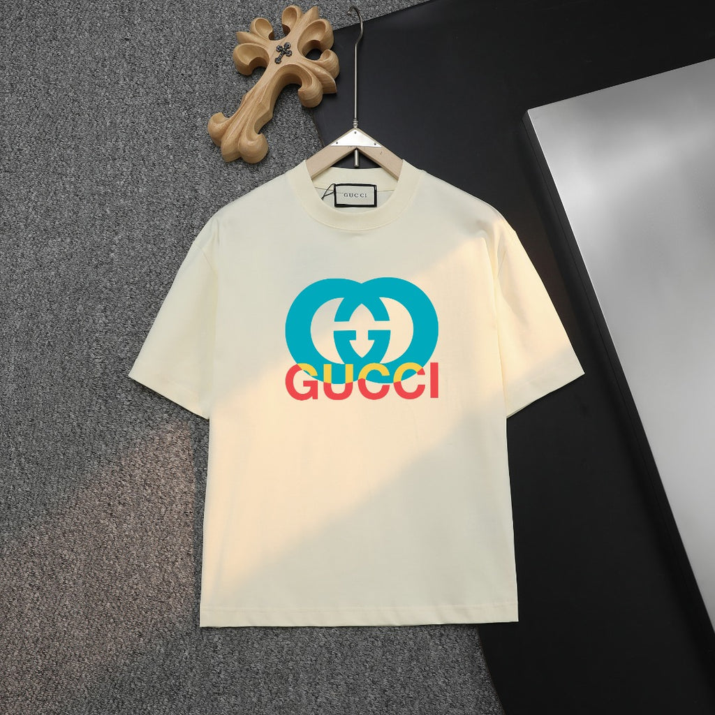 Cream T-shirt with Gucci logo front print on a hanger