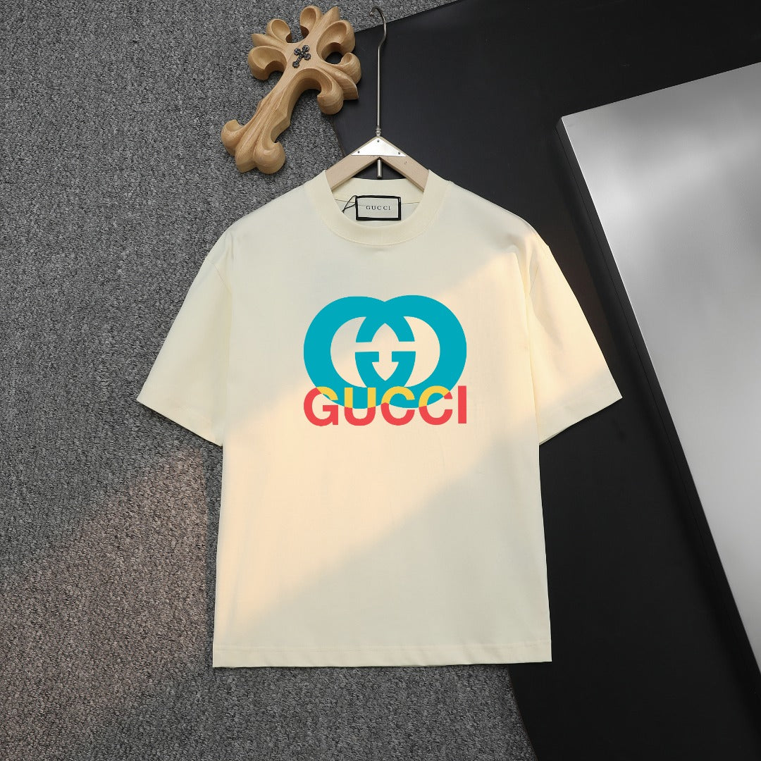 Cream T-shirt with Gucci logo front print on a hanger