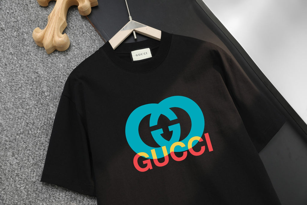 Black Gucci T-shirt with blue and red GG logo graphic