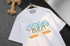 Gucci white short-sleeve T-shirt with blue mushroom GUCCI logo print