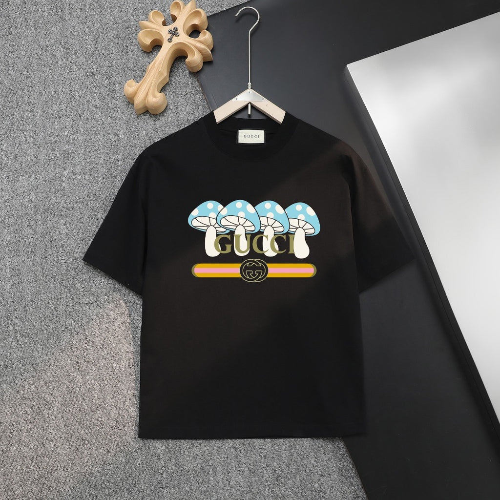 Black Gucci T-shirt with colorful graphic logo across chest