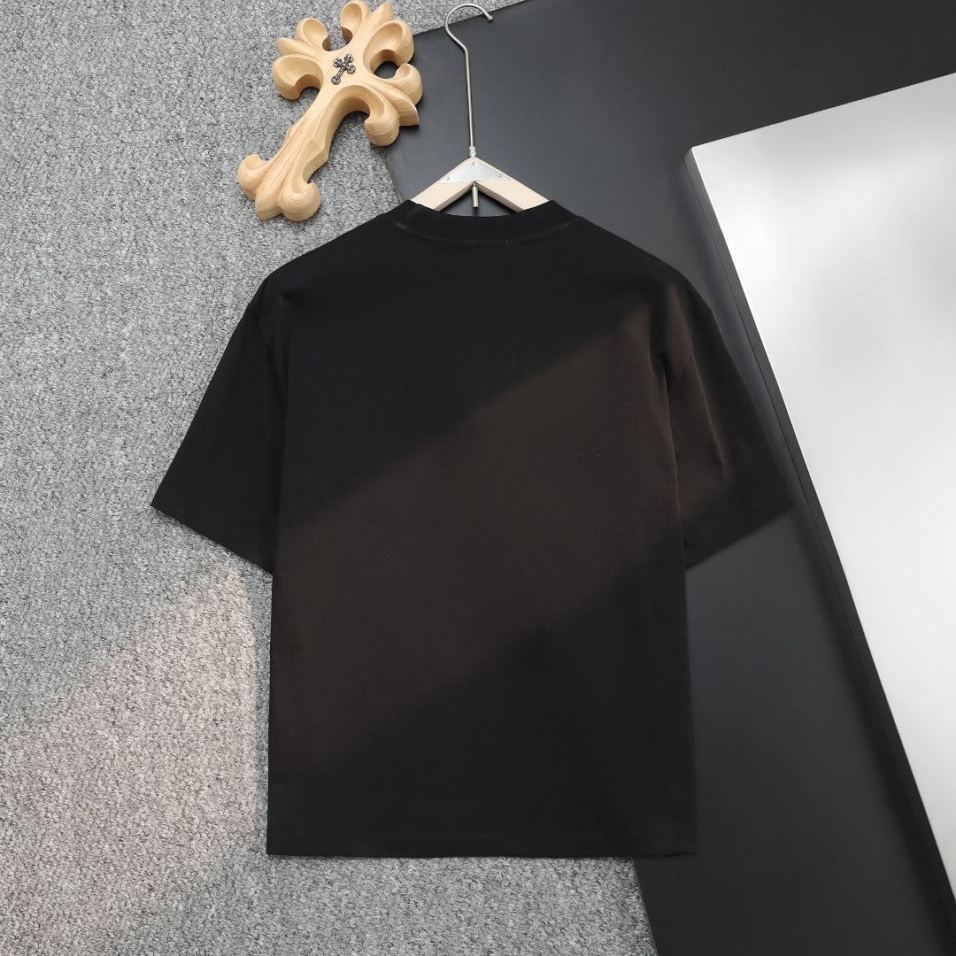 Gucci short-sleeve T-shirt, black, back view hanging on a wooden hanger
