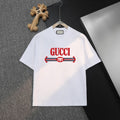 White Gucci T-shirt with red Gucci logo graphic, short sleeves, crew neck