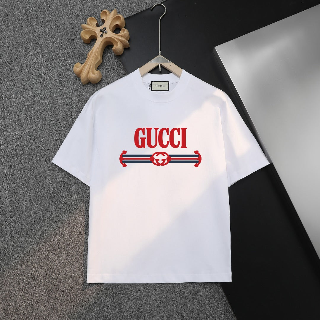 White Gucci T-shirt with red Gucci logo graphic, short sleeves, crew neck
